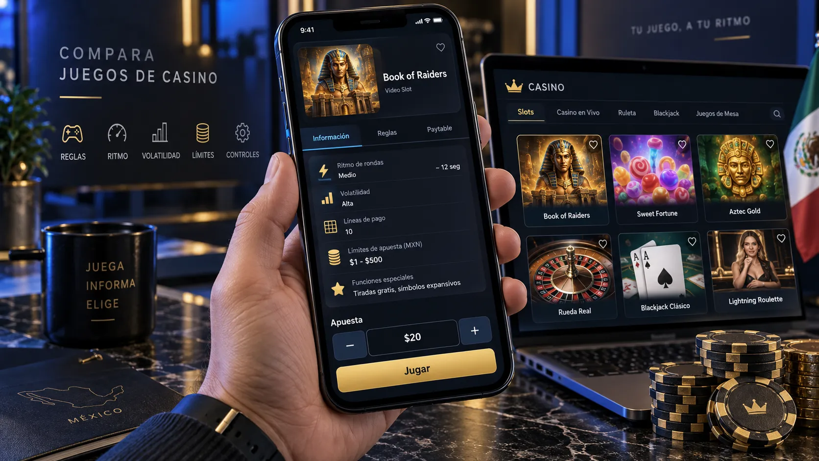 Ficha de un juego de casino con reglas, volatilidad y límites visibles