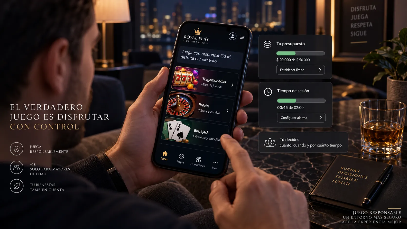 Usuario comparando juegos de casino desde un celular con límites de sesión