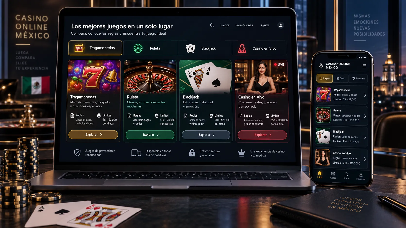 Comparación de categorías de juegos de casino online en una interfaz móvil