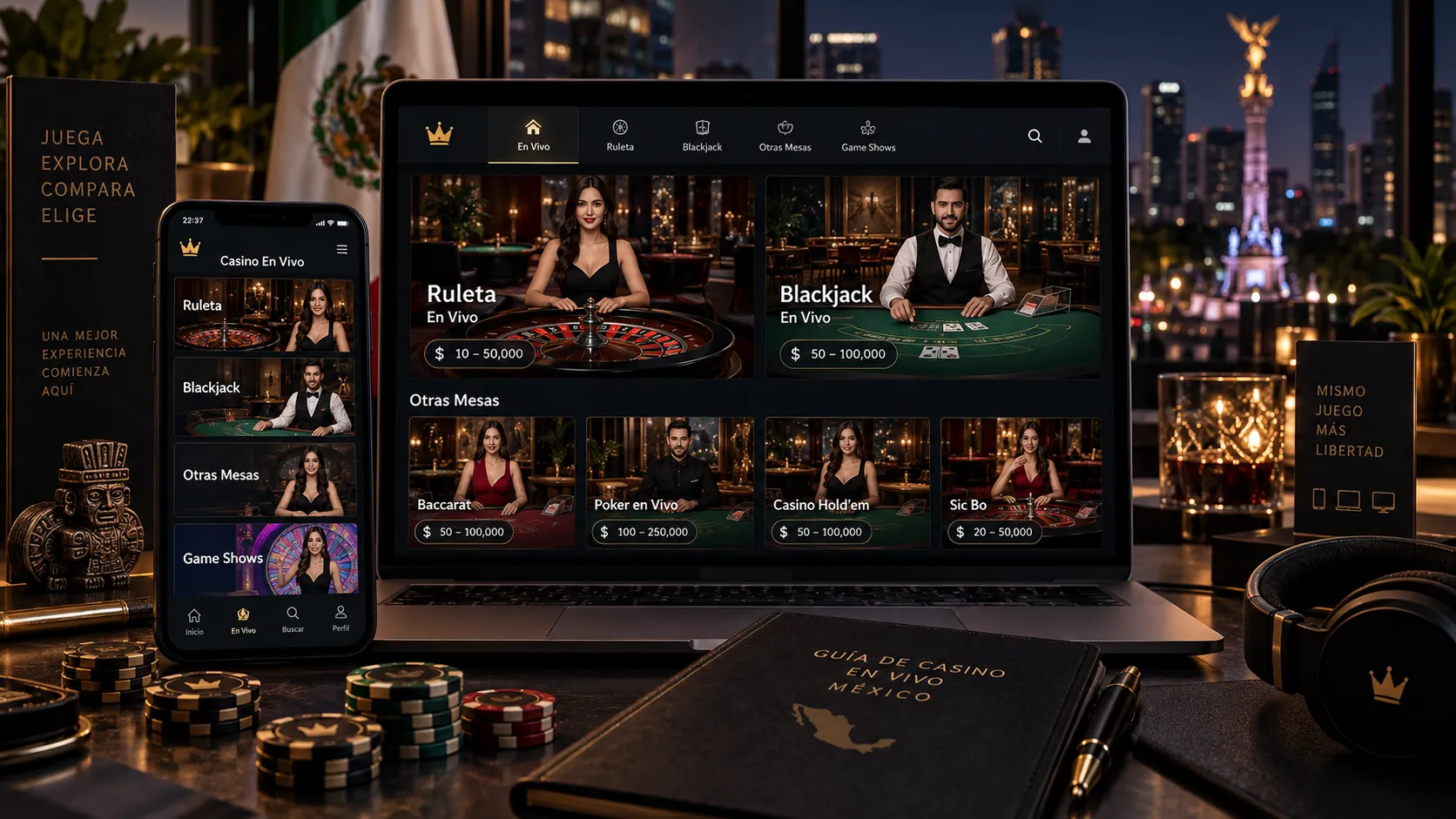 Lobby de casino en vivo con diferentes mesas y opciones de juego