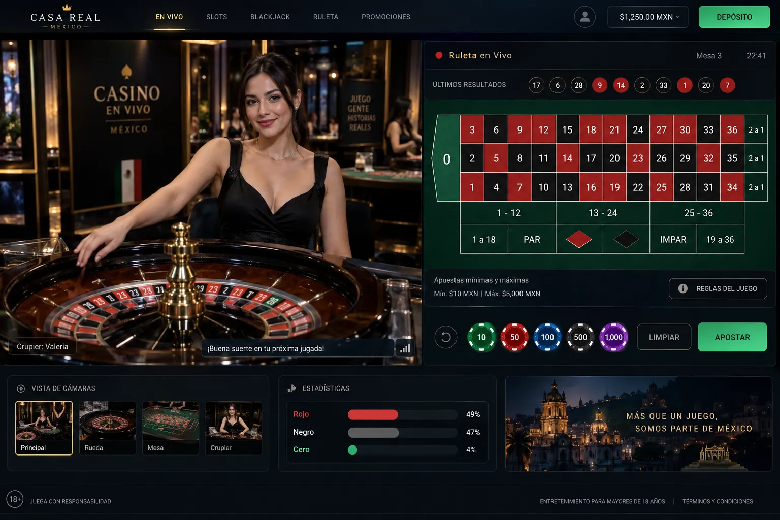 Mesa de casino en vivo con transmisión del crupier y reglas visibles
