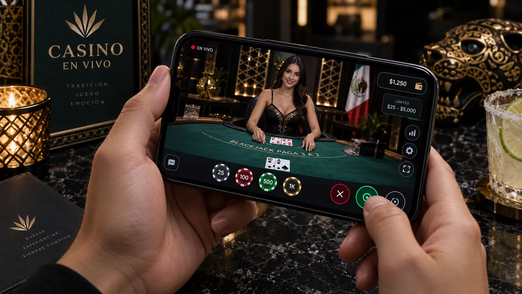 Casino en vivo adaptado a celular con controles y límites visibles