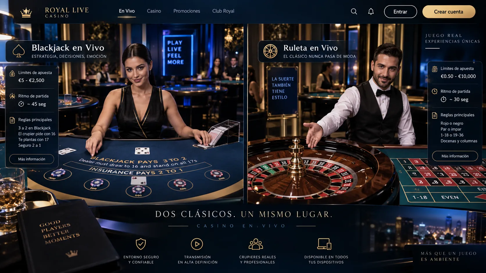 Comparación de mesas de blackjack y ruleta en vivo
