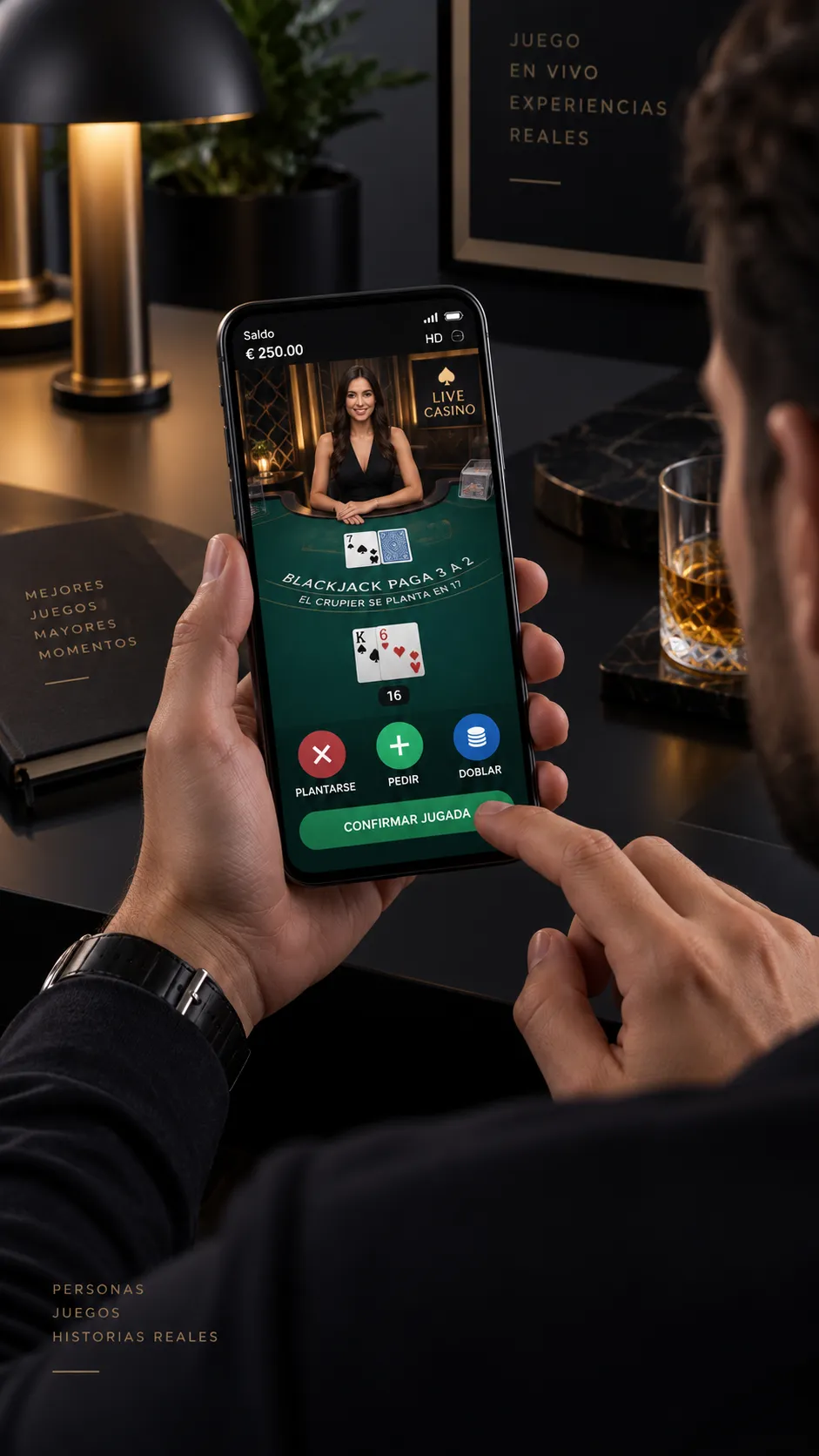 Juego con crupier en vivo mostrado en un teléfono móvil