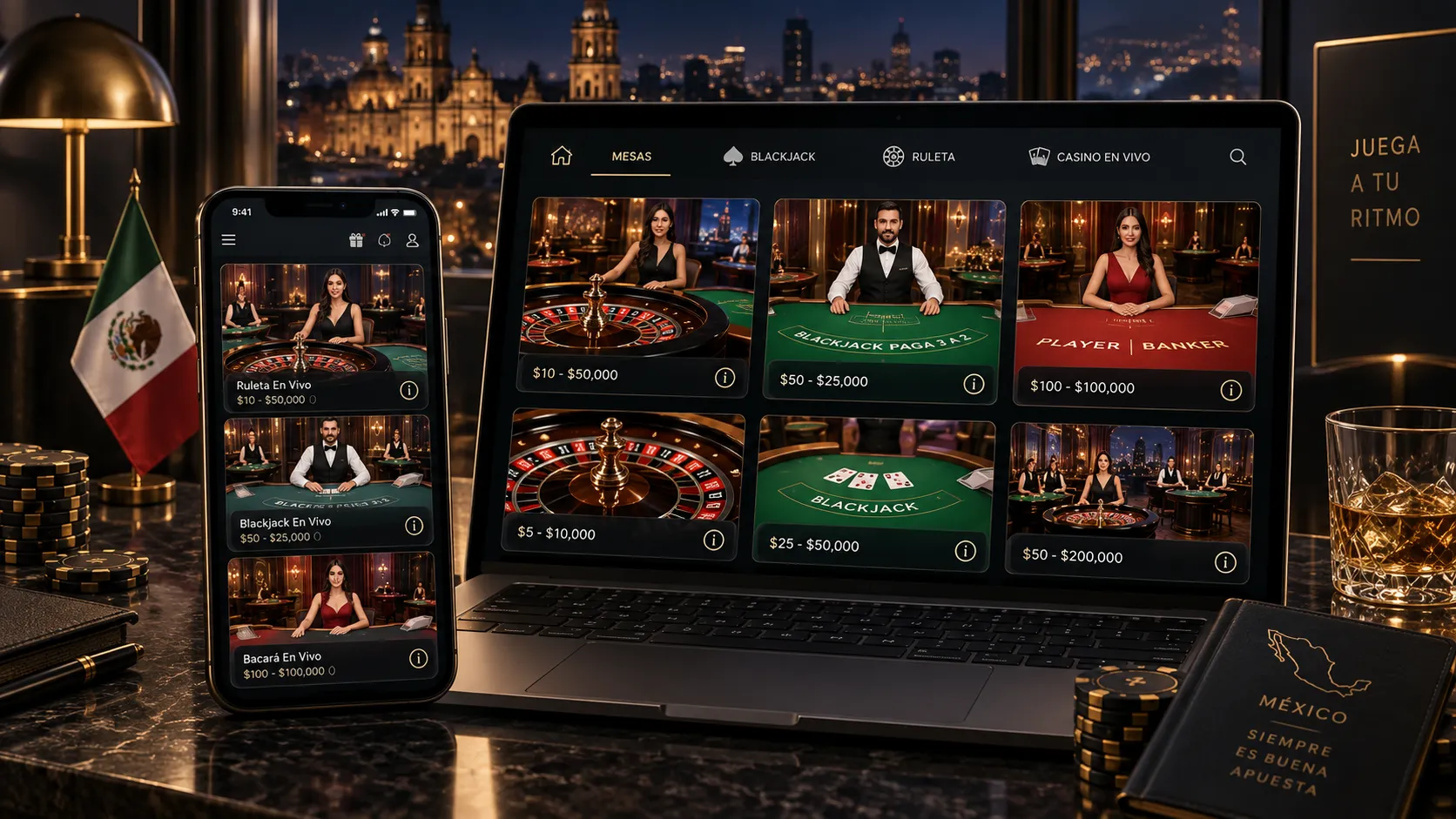 Pantalla de selección de mesas de casino online con ruleta y blackjack