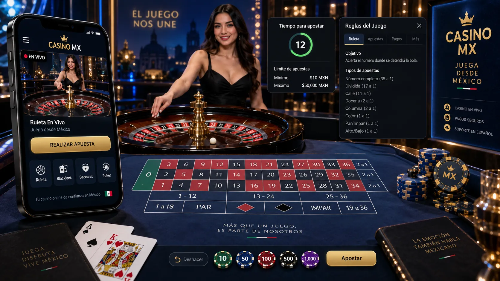 Mesa de casino en vivo con reglas y límites de apuesta visibles