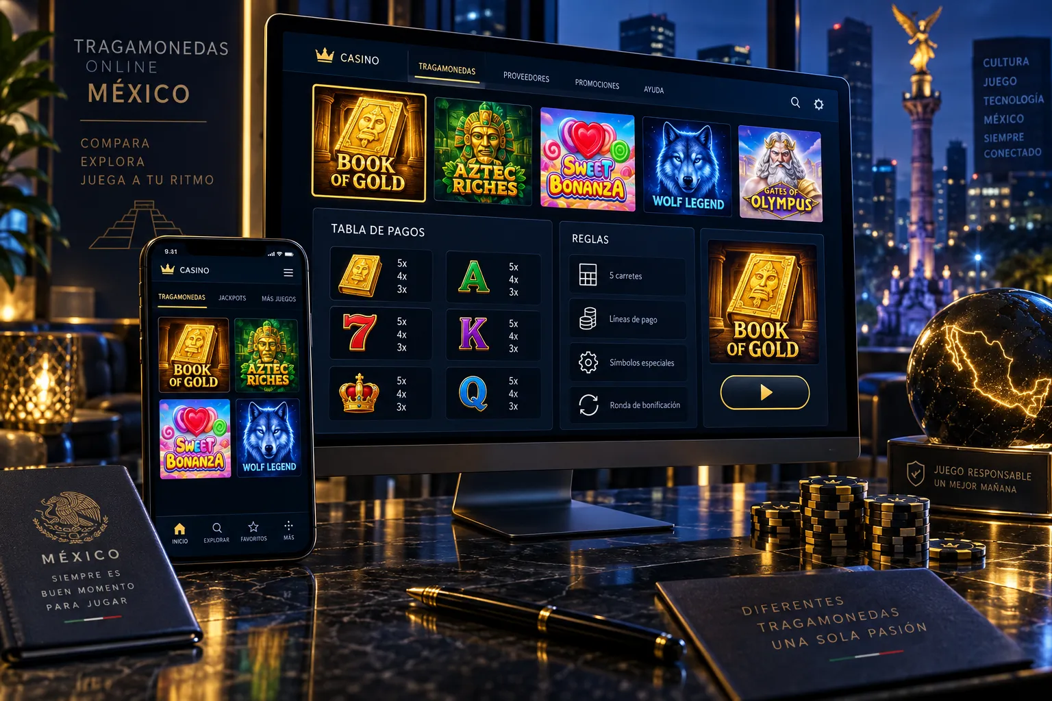 Comparación de varias tragamonedas y sus tablas de pagos en una interfaz de casino online
