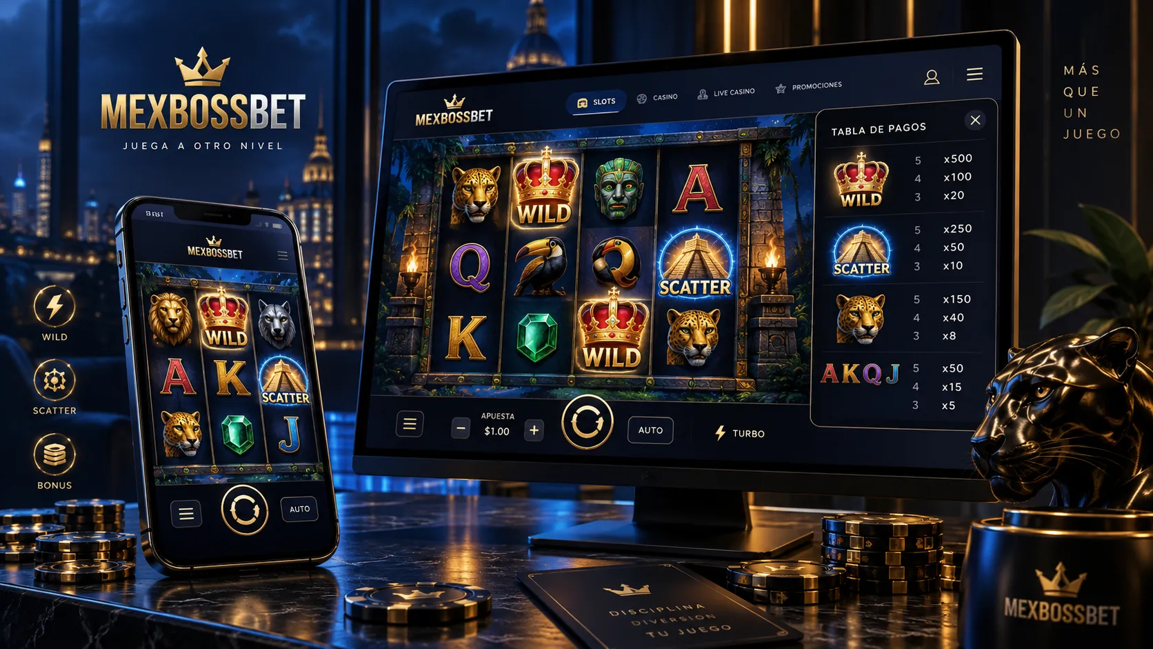 Interfaz de slot online con símbolos wild y scatter y tabla de pagos
