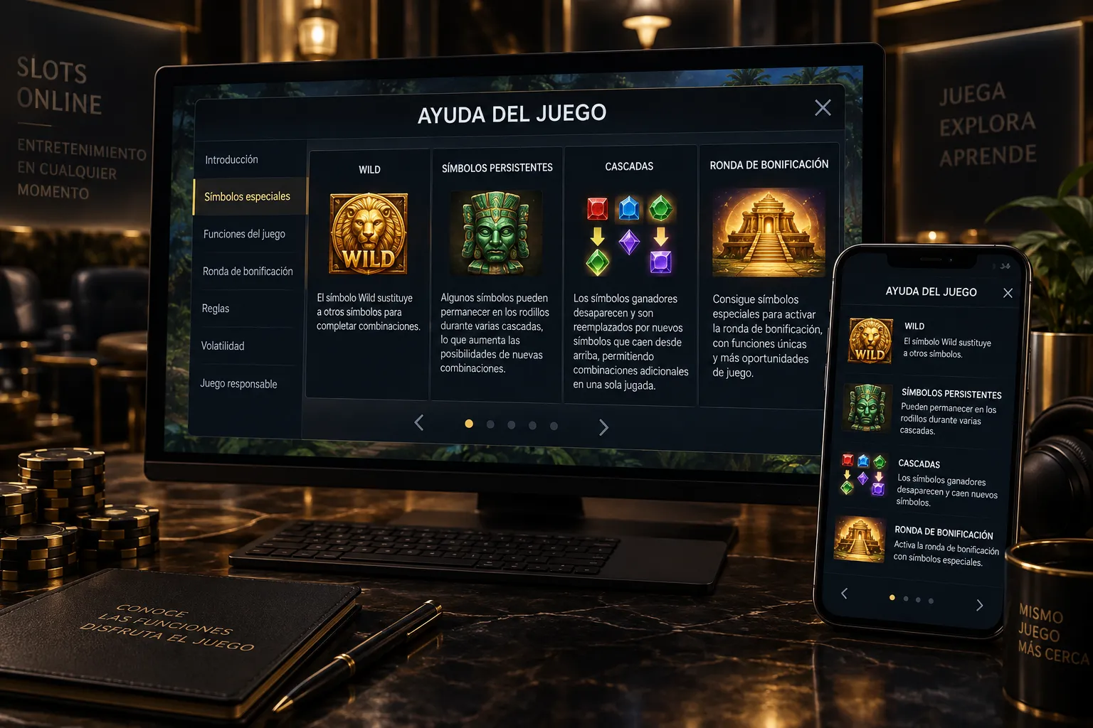 Menú de ayuda de un slot online con funciones especiales