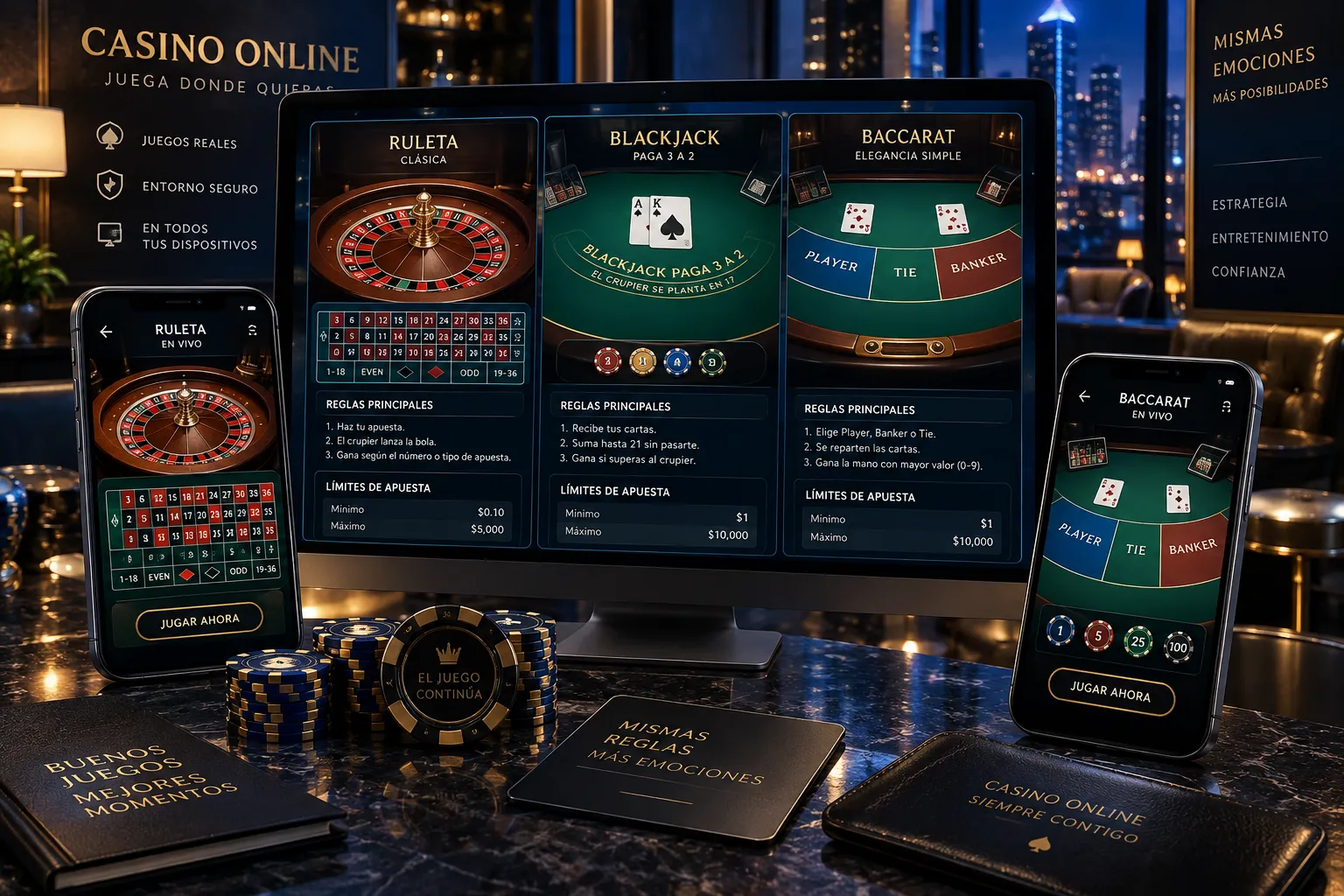 Comparación de ruleta, blackjack y baccarat online