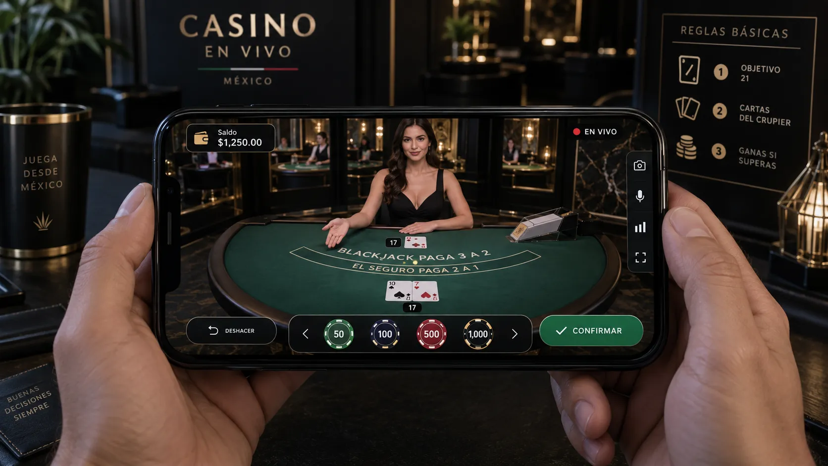 Mesa de casino en vivo con reglas y controles de apuesta