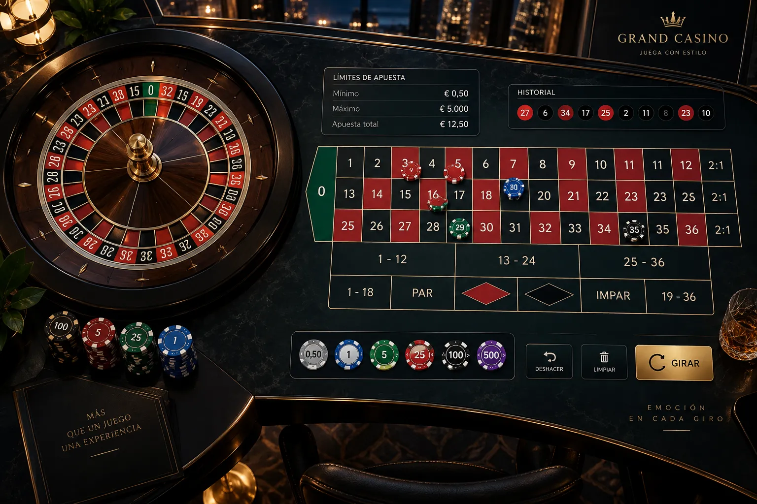 Mesa digital de ruleta online con opciones de apuesta