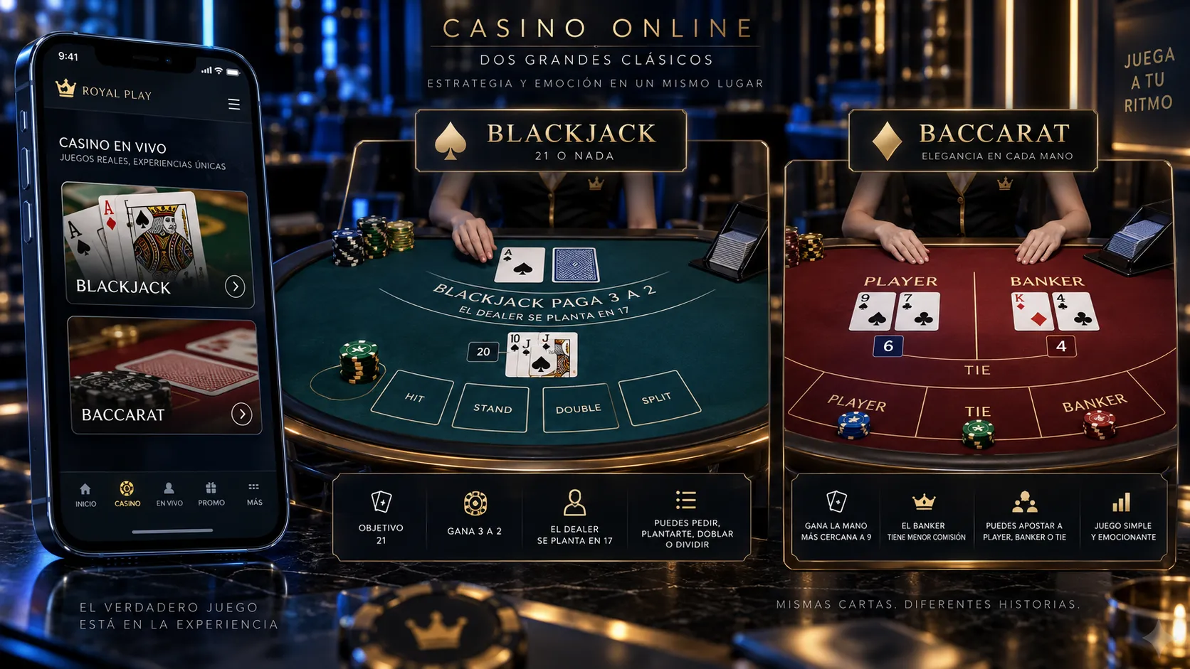 Interfaz móvil con mesas de blackjack y baccarat online