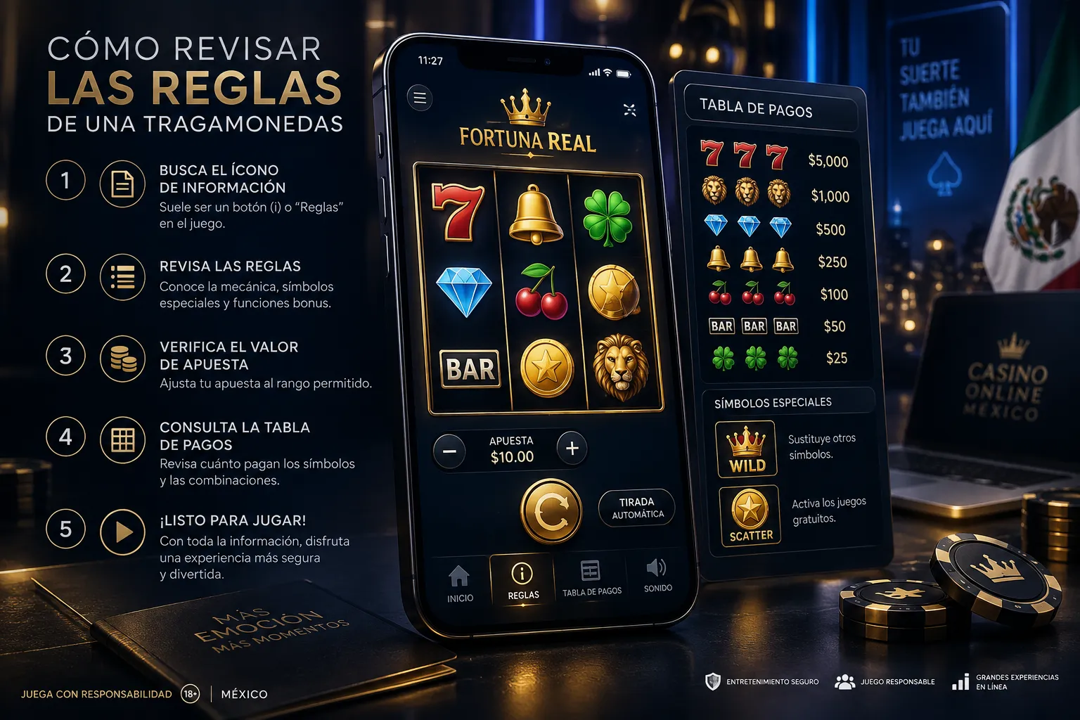 Tabla de pagos y opciones de apuesta de una tragamonedas