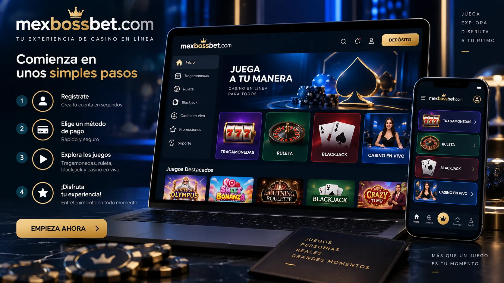 Interfaz móvil de casino en línea con categorías para principiantes