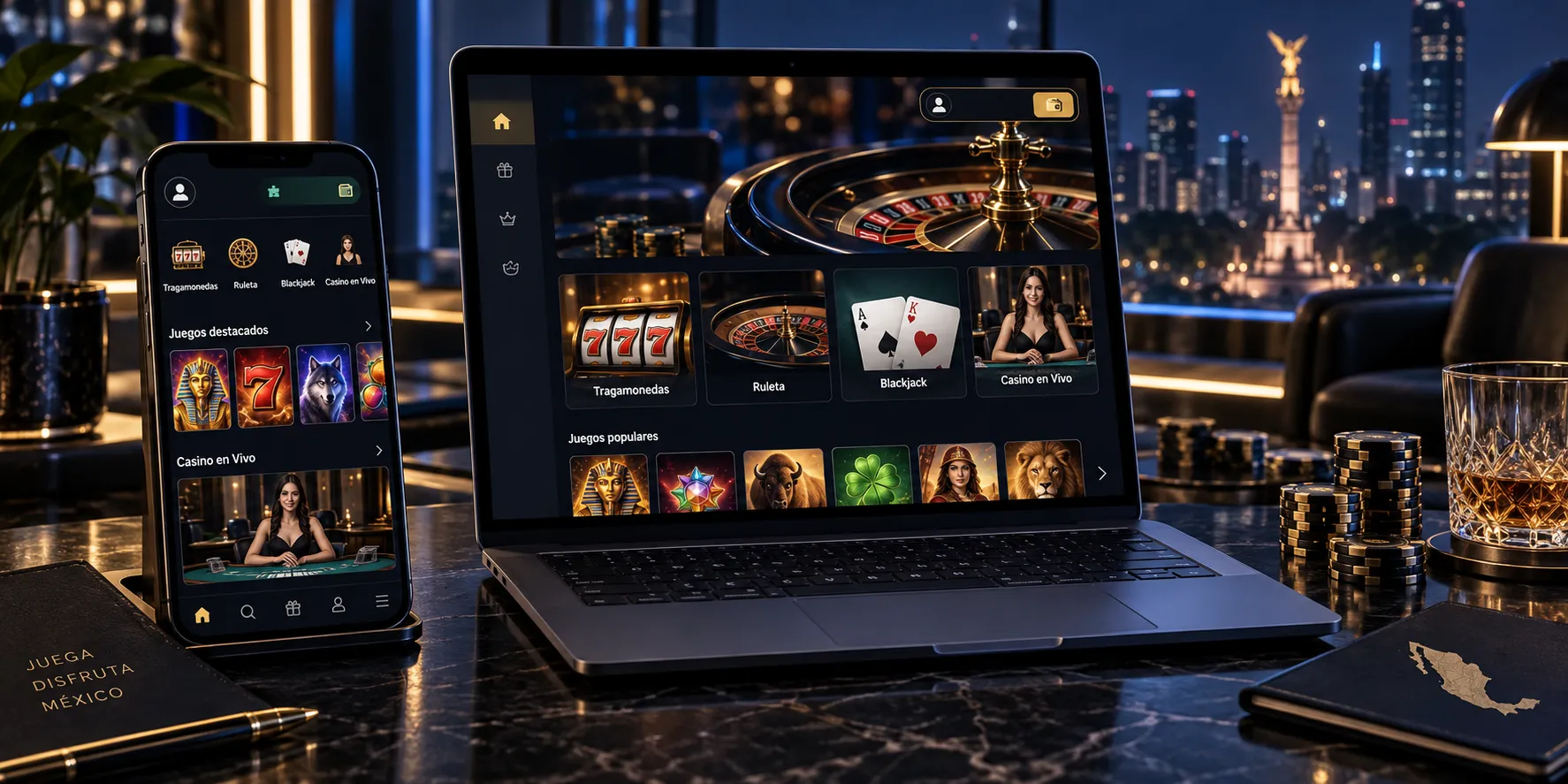 Lobby de un casino online mostrado en computadora y celular