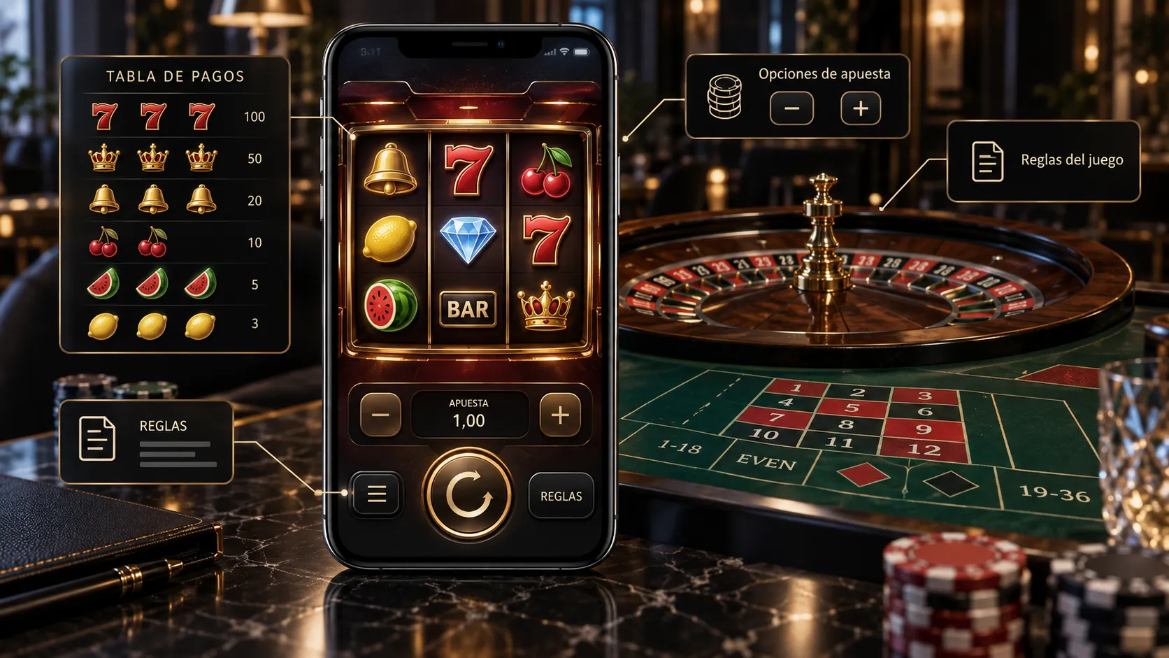 Interfaz de juego de casino con reglas, controles y tabla de pagos