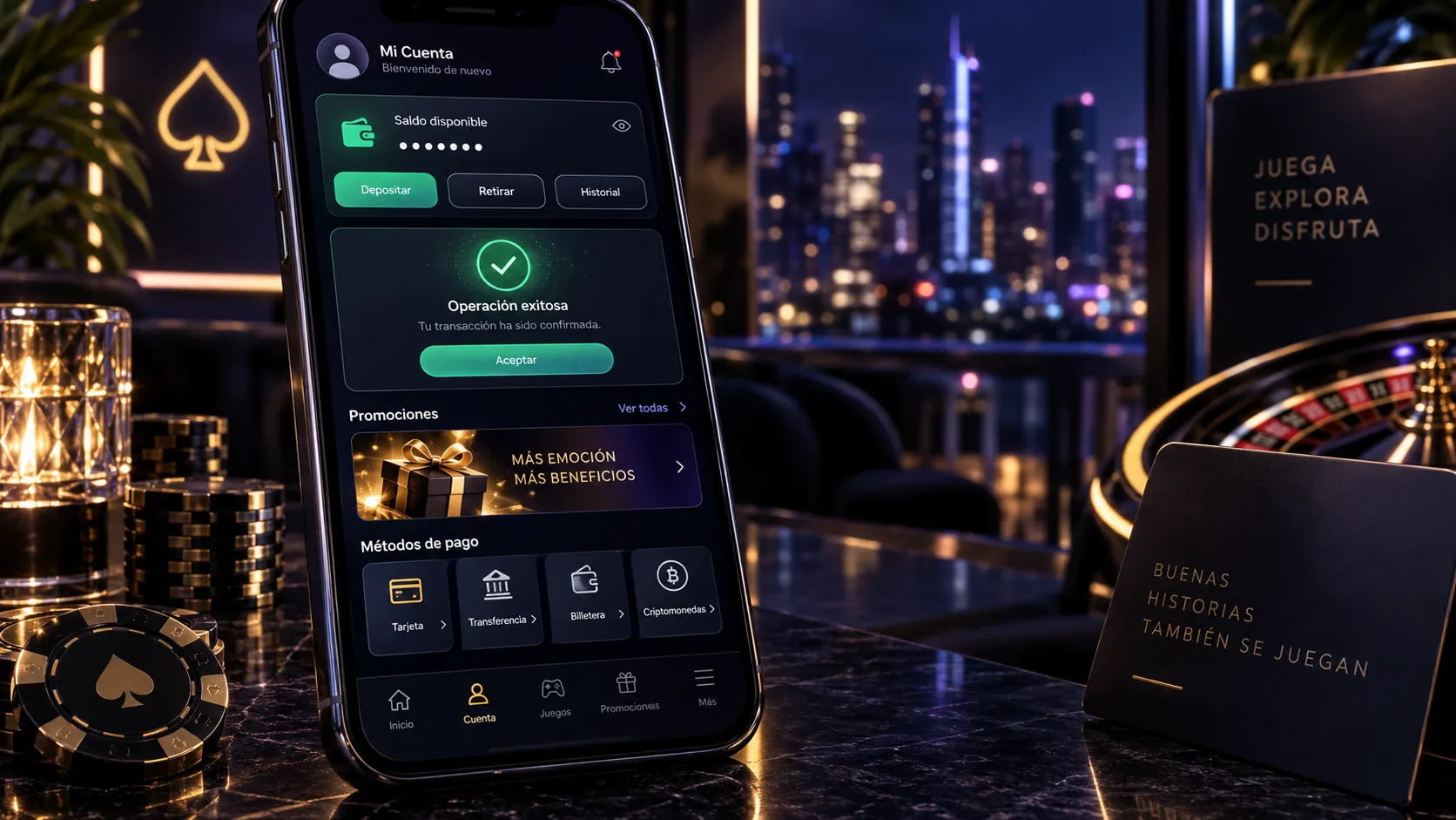 Cuenta de casino online con saldo, promociones e historial de pagos