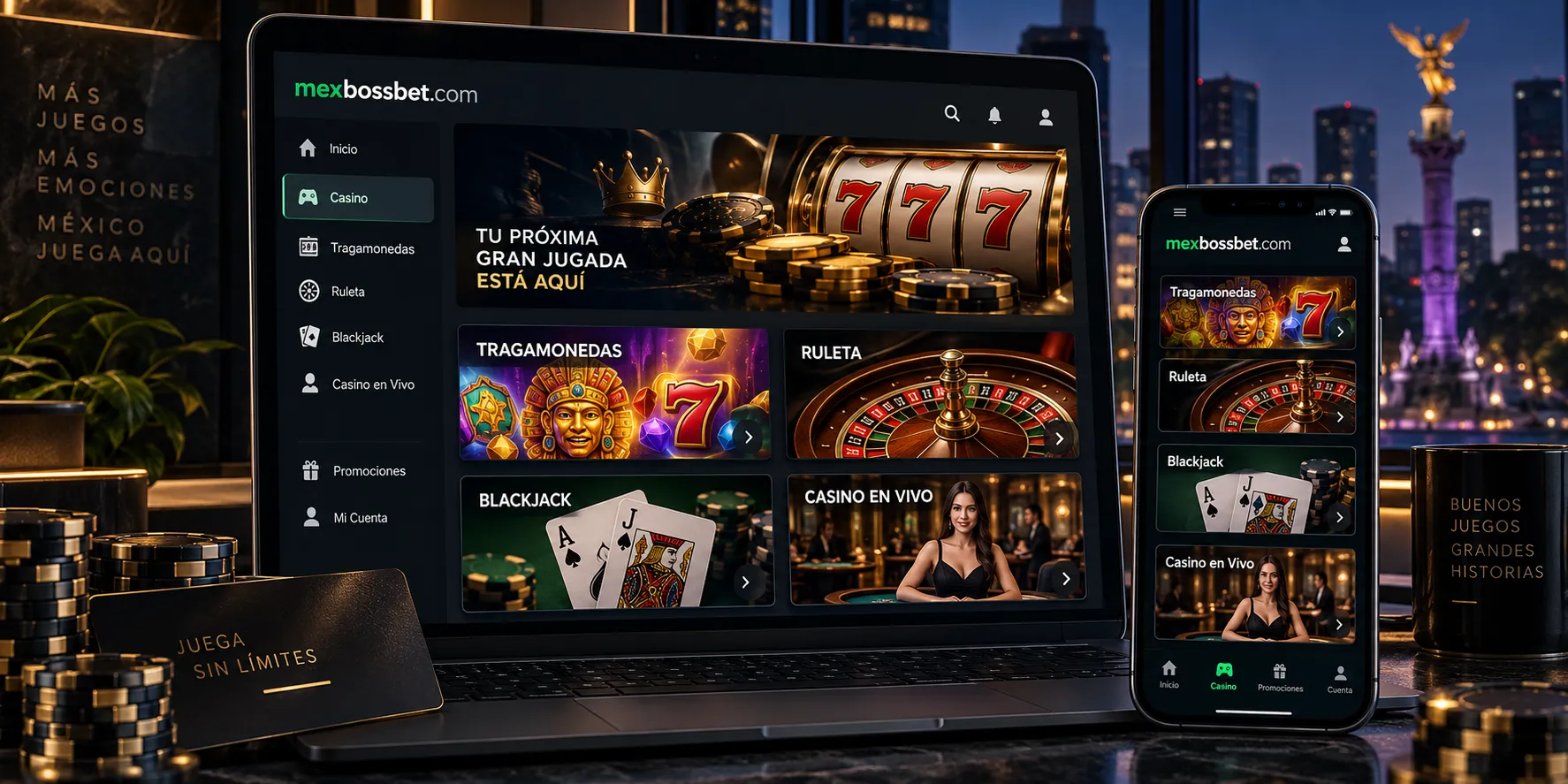Menú de categorías de juegos de casino online en computadora y celular