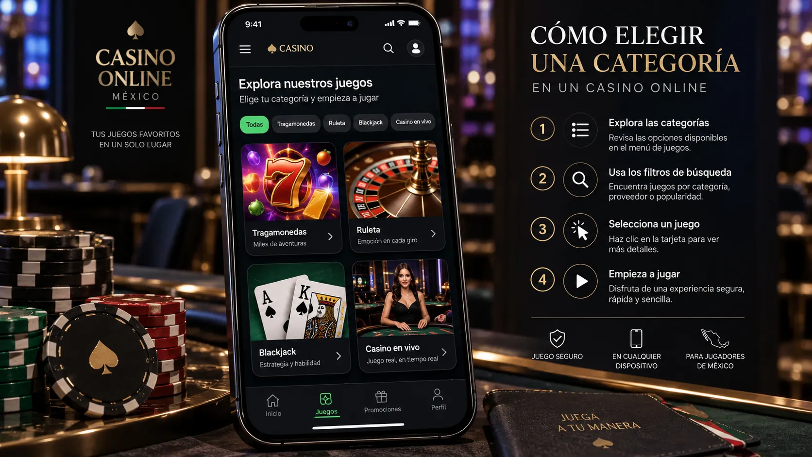 Selección de categorías de juegos de casino online mediante filtros