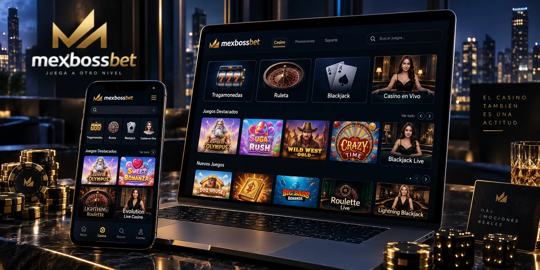 Lobby de casino en línea con categorías y buscador de juegos