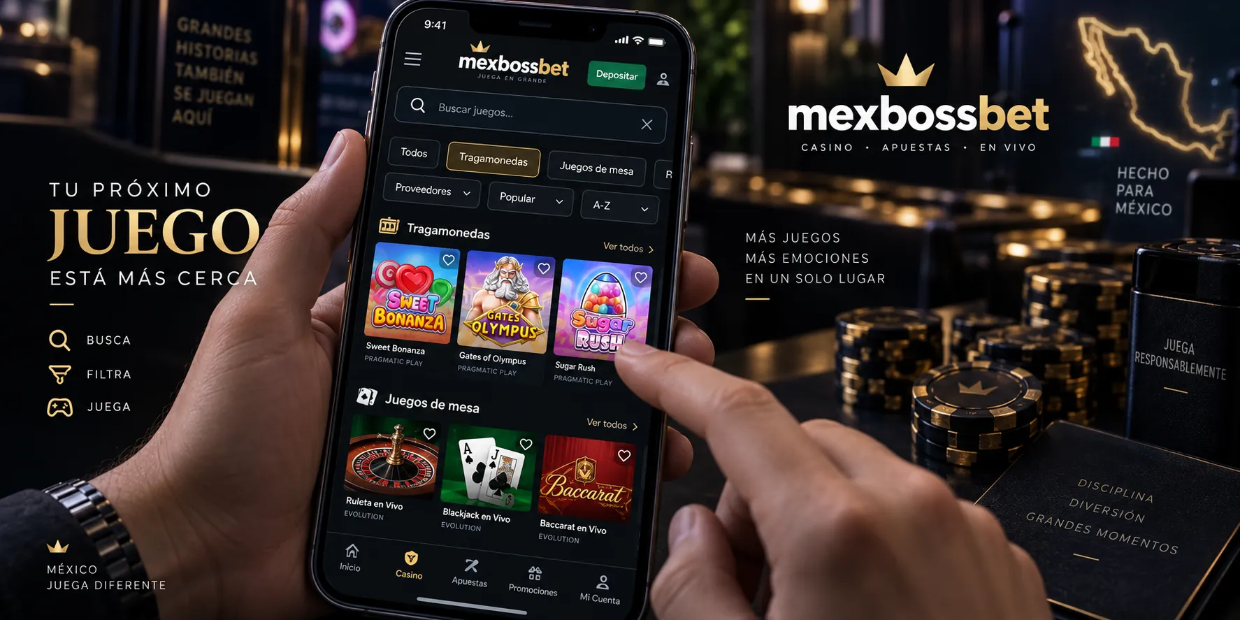 Búsqueda de un juego mediante filtros dentro del lobby de casino