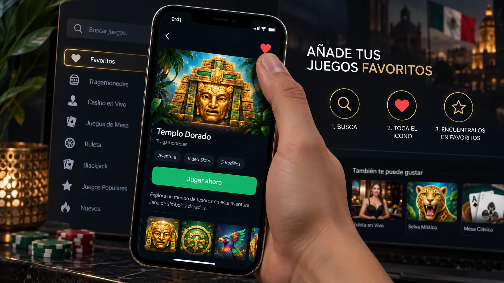 Pantalla móvil para añadir un juego a favoritos en un casino online
