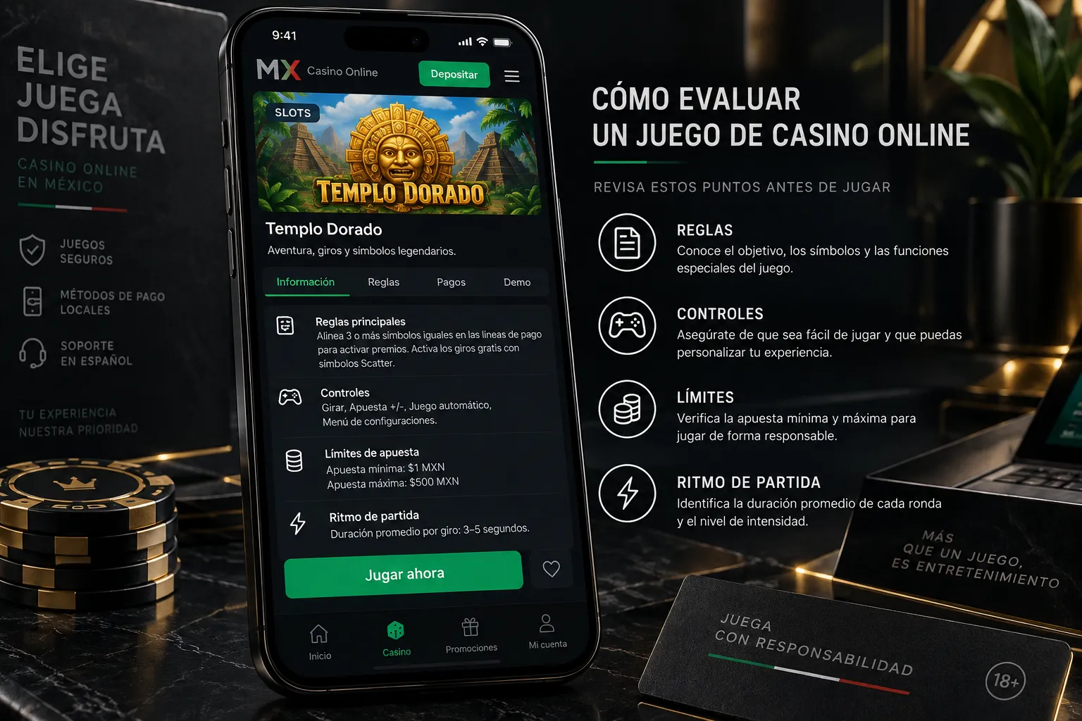 Ficha de un juego de casino online con reglas y condiciones visibles