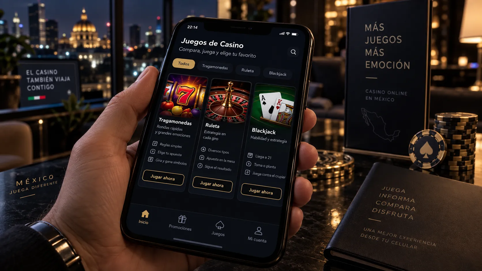 Comparación de categorías de casino en una pantalla móvil