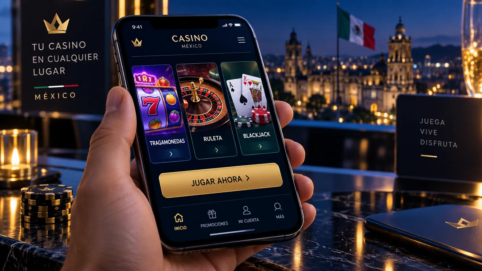 Interfaz móvil con categorías de juegos de casino