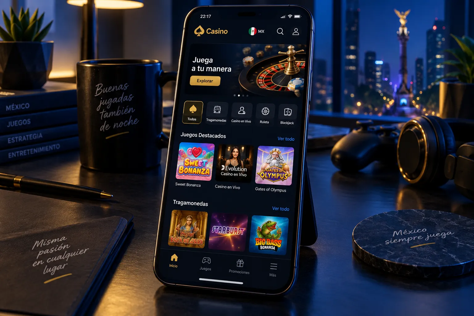 Interfaz de juegos de casino móvil mostrada en un smartphone