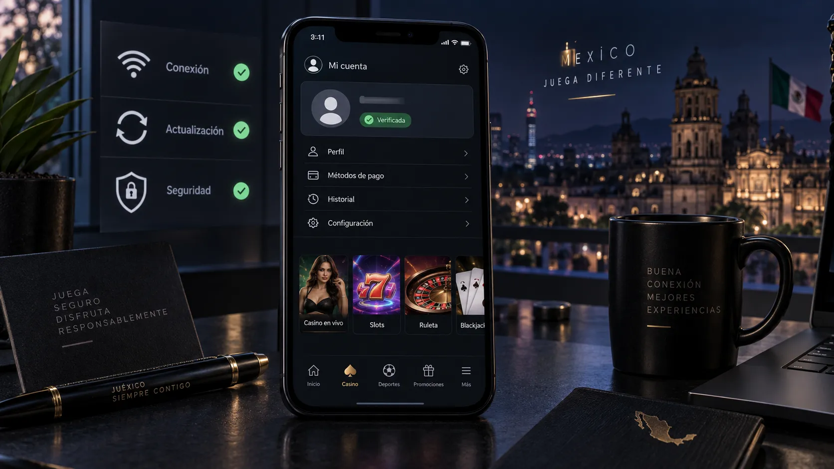 Pantalla móvil de casino con comprobaciones de conexión y seguridad