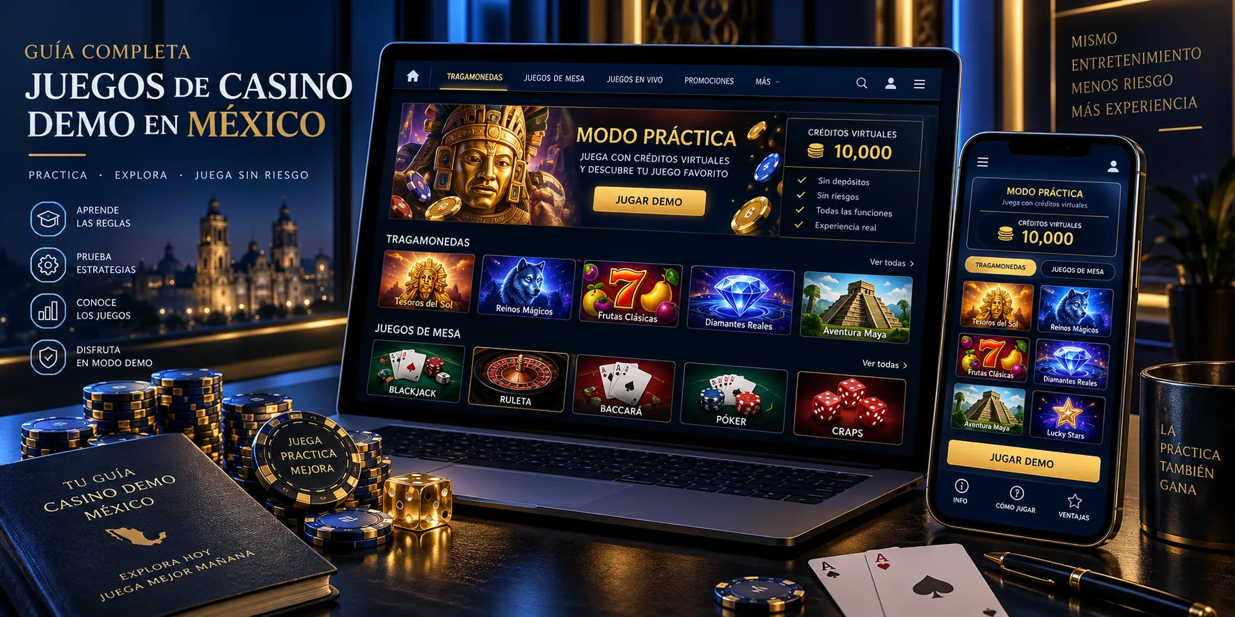 Modo demo de juegos de casino mostrado en un teléfono y una computadora