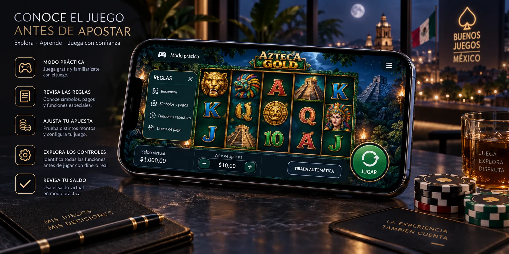 Pantalla de práctica de una tragamonedas con reglas y controles visibles