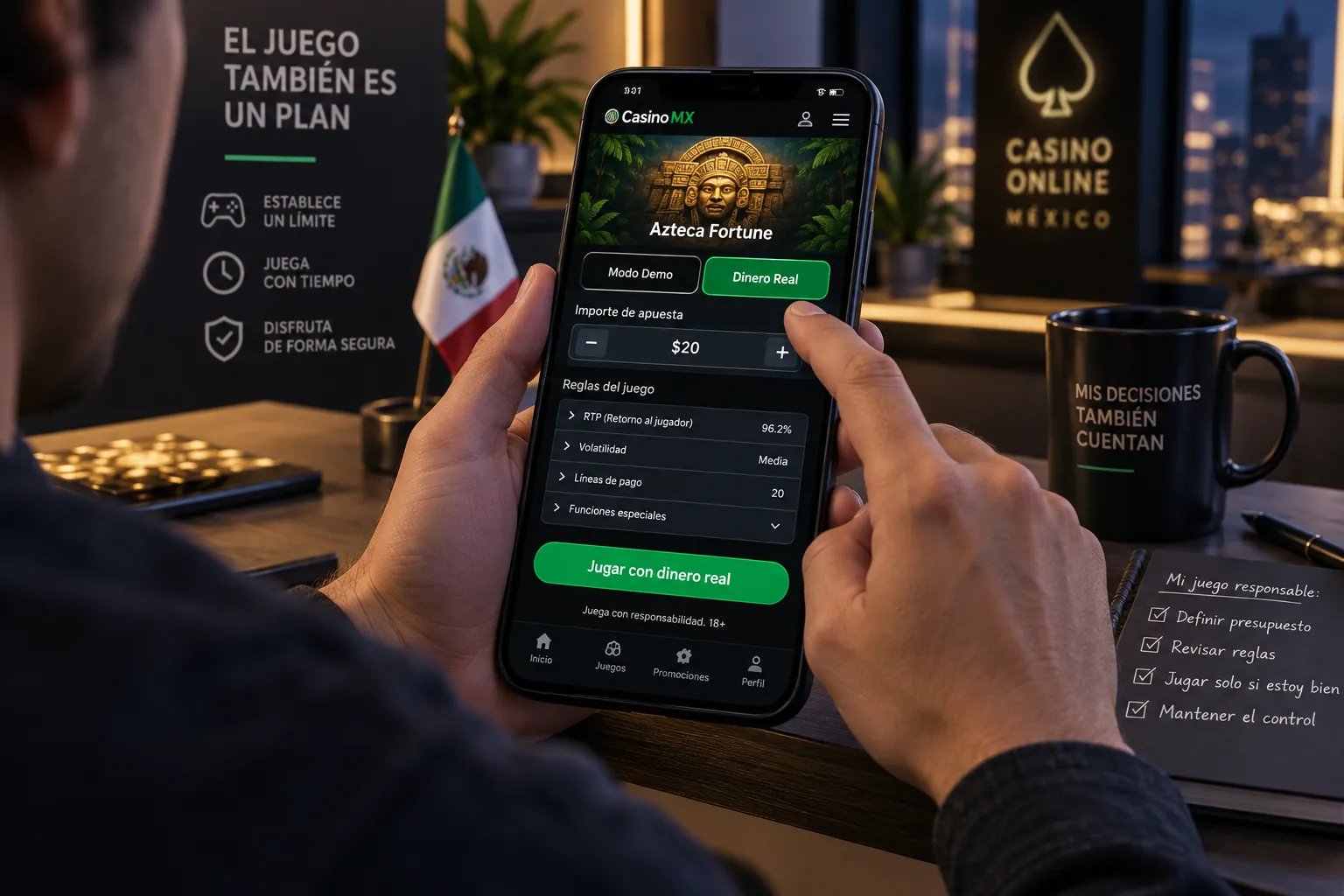 Usuario revisando reglas y apuesta antes de jugar casino con dinero real
