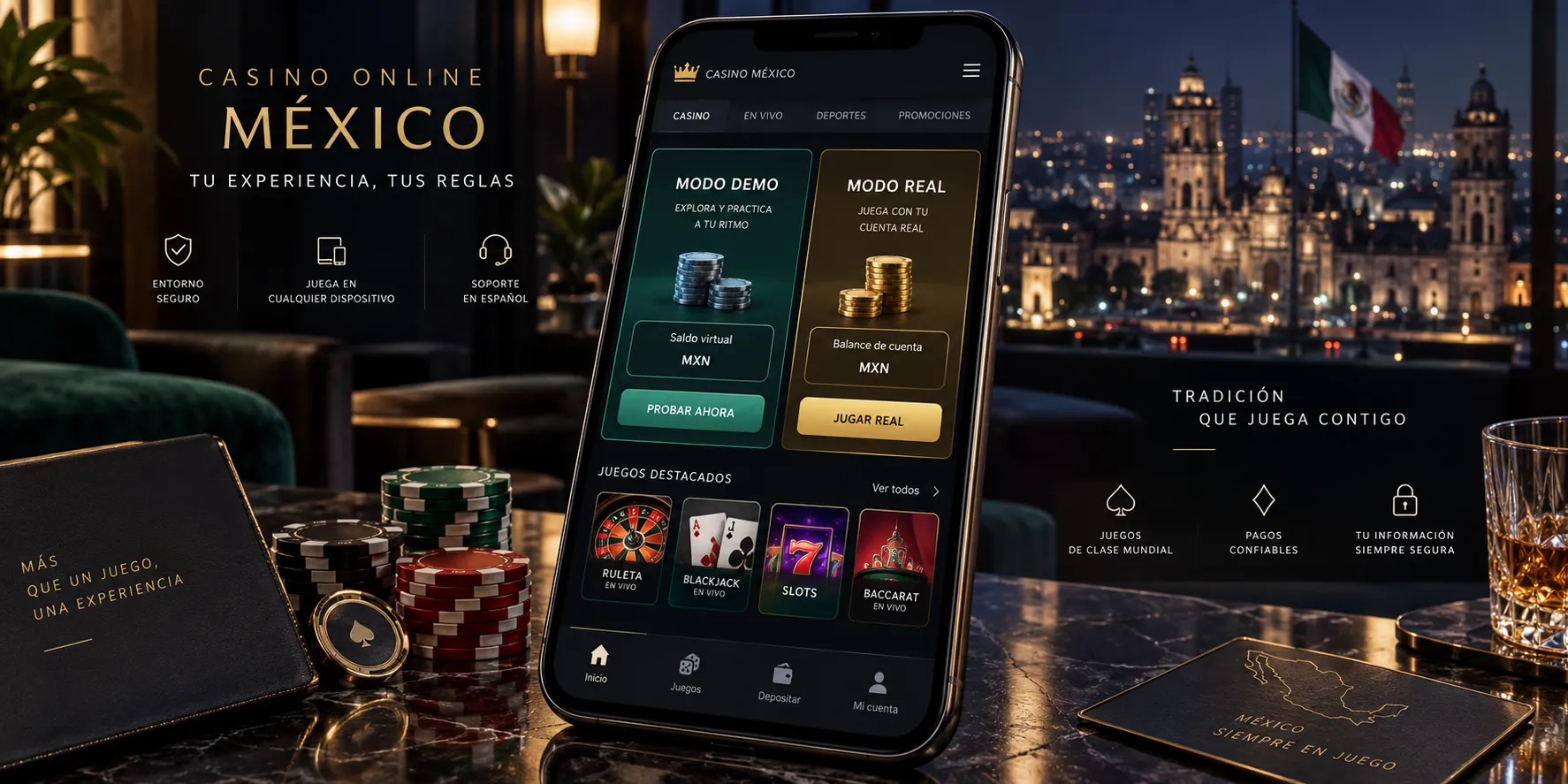 Interfaz de casino online que diferencia el modo demo del modo real