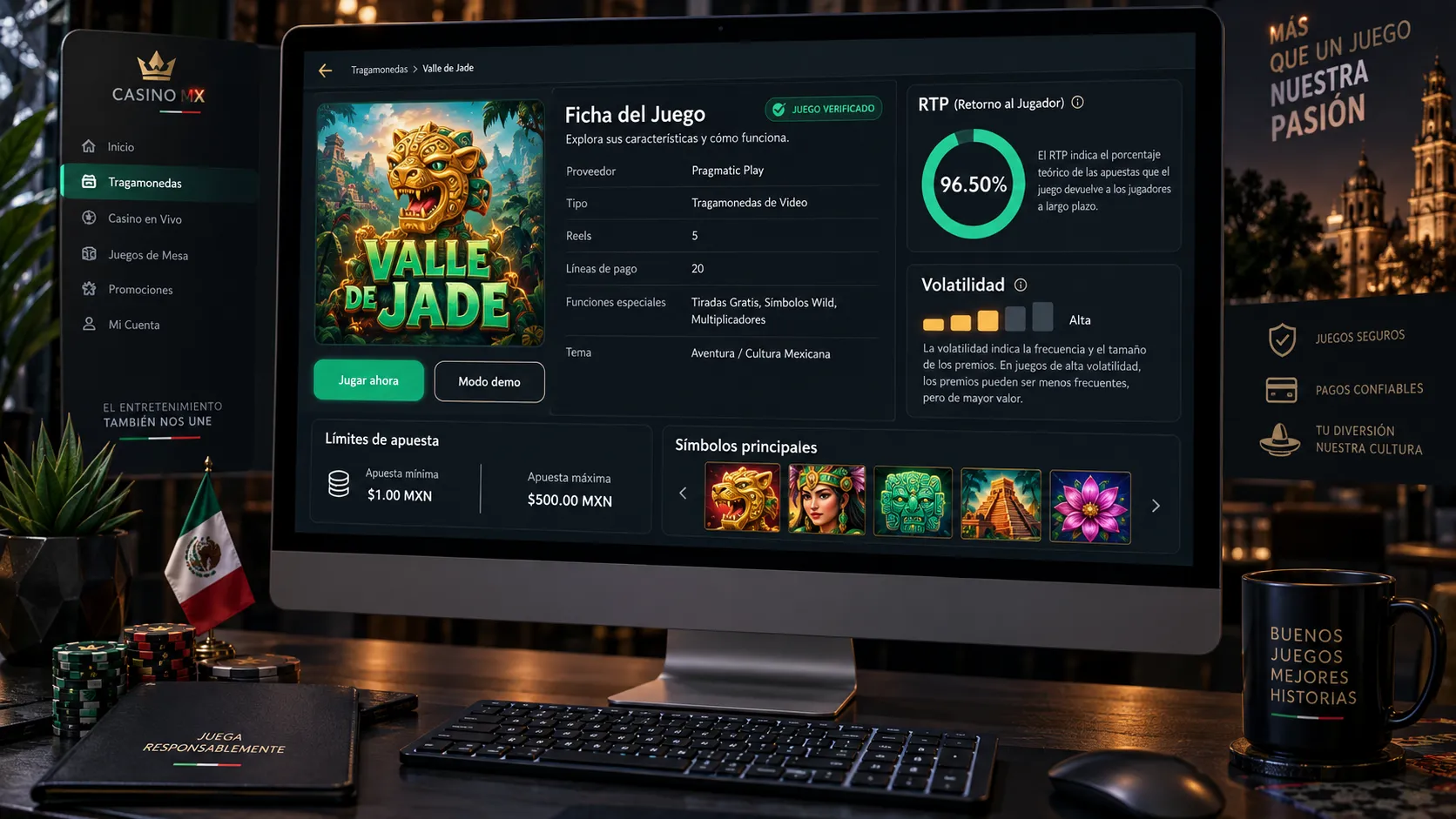 Ficha de casino con RTP, volatilidad y límites de apuesta