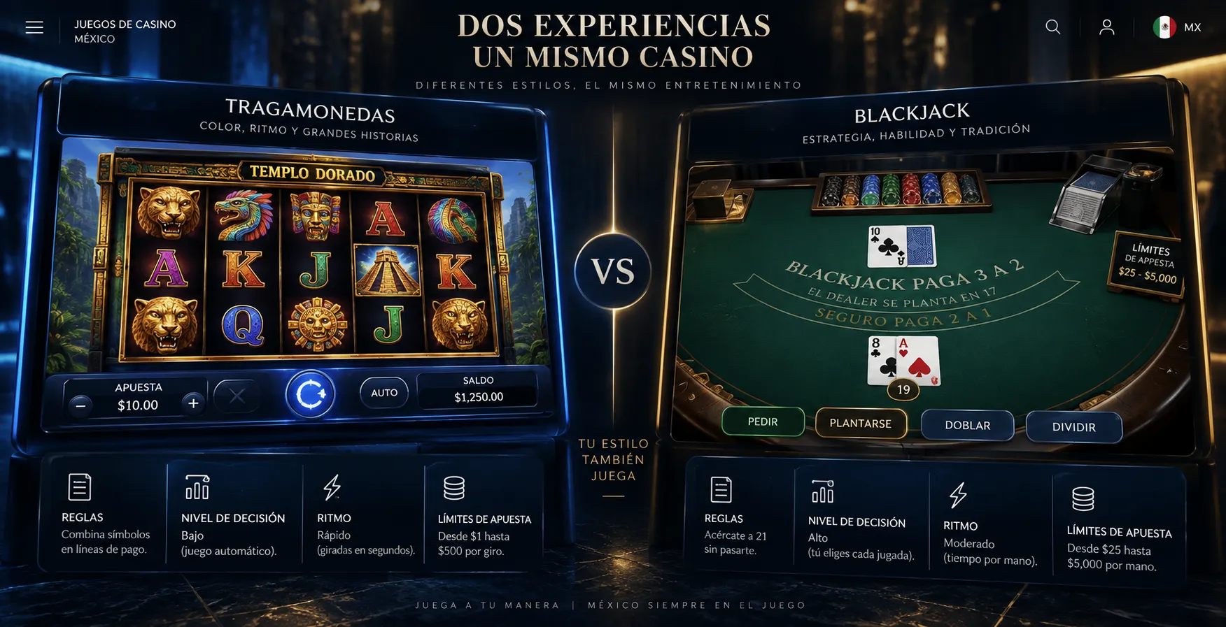 Comparación visual entre tragamonedas y juegos de mesa para elegir una partida