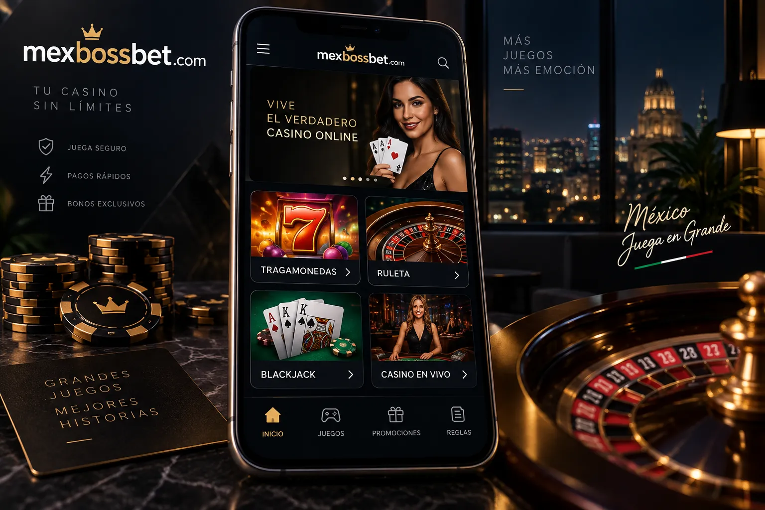 Interfaz móvil con categorías de juegos de casino y acceso a sus reglas
