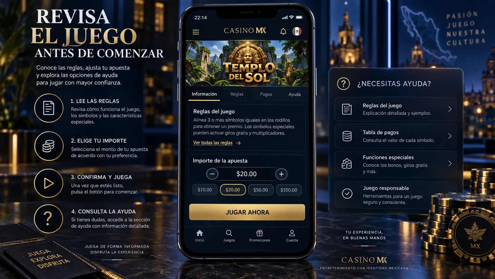Pantalla de juego de casino con reglas e importe visible antes de confirmar