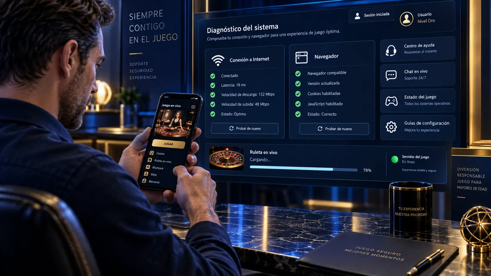 Comprobación de conexión y navegador ante un error en un juego de casino