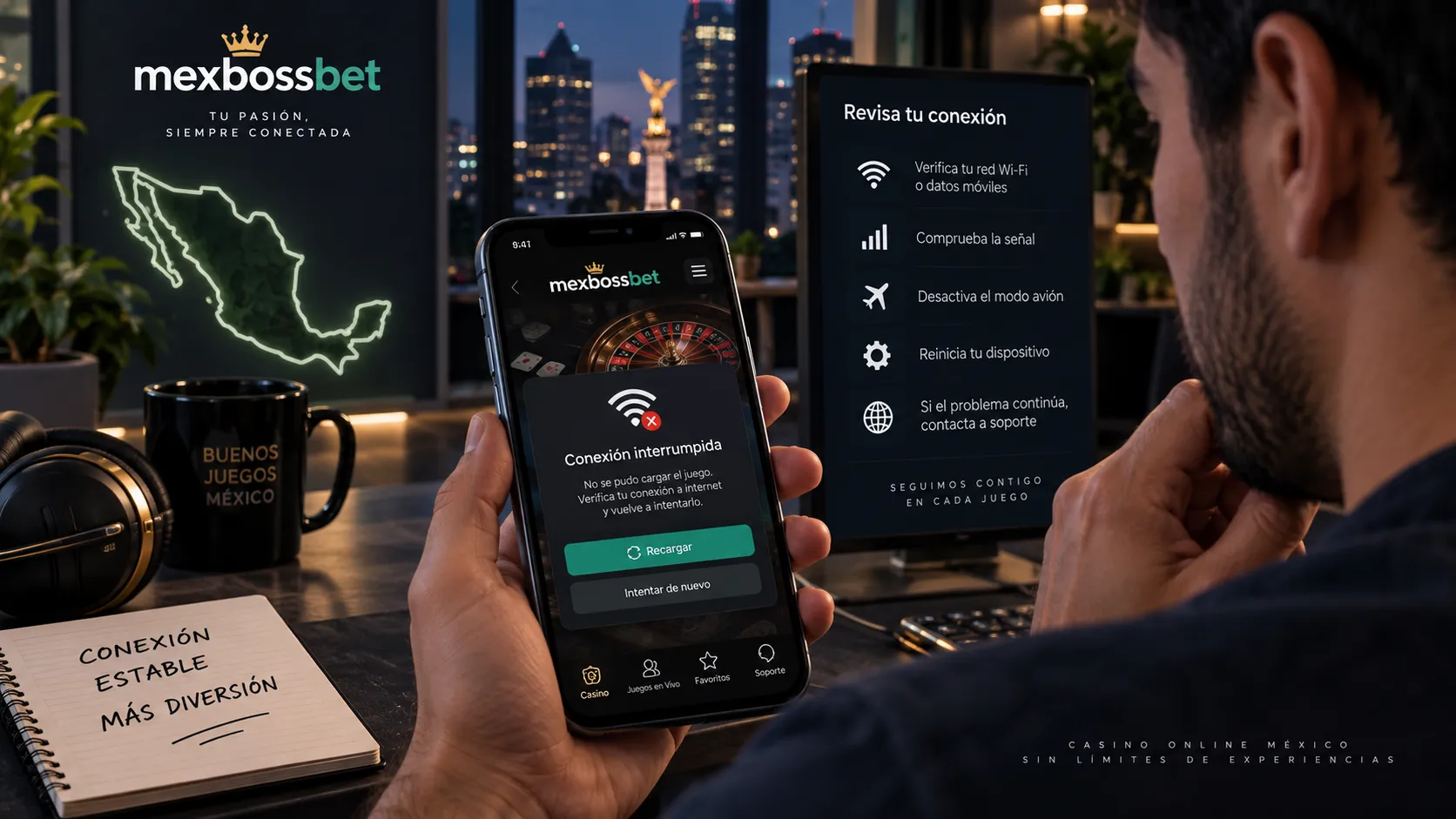 Teléfono mostrando un problema de conexión en un juego de casino online