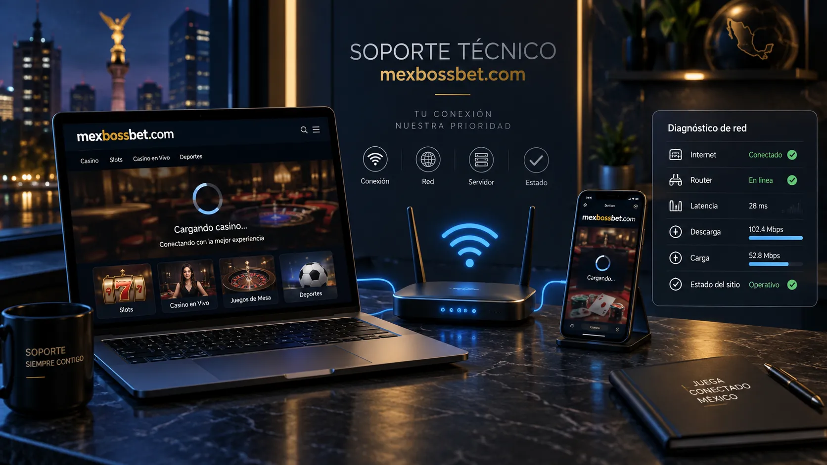 Dispositivos y router durante la comprobación de conexión al casino online