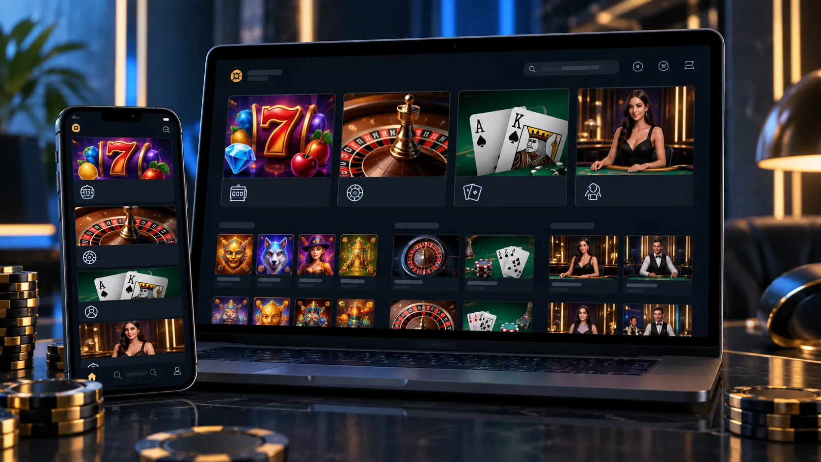 Interfaz de casino online con categorías de juegos en computadora y celular