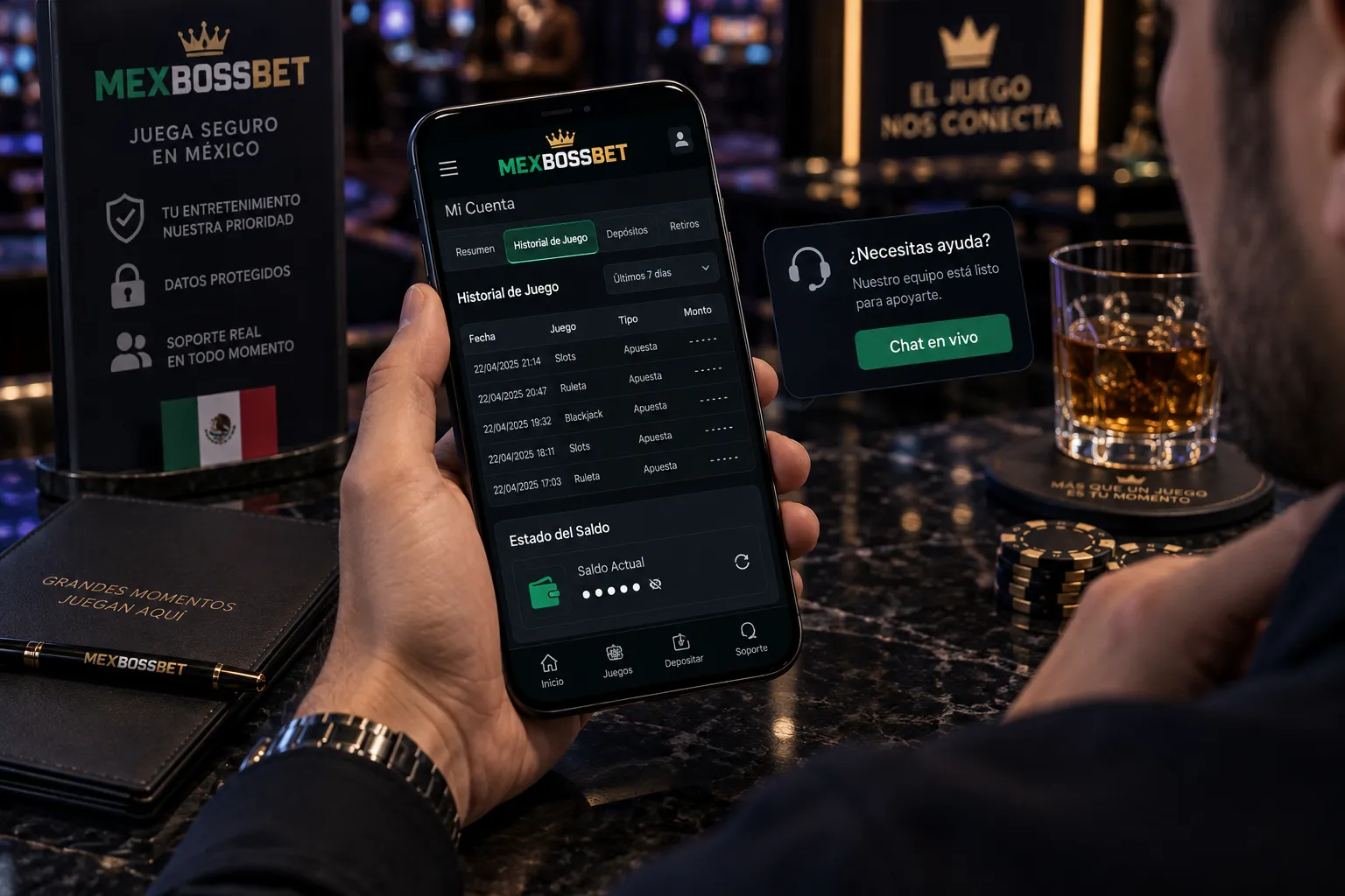 Consulta del historial y saldo después de una desconexión en el casino